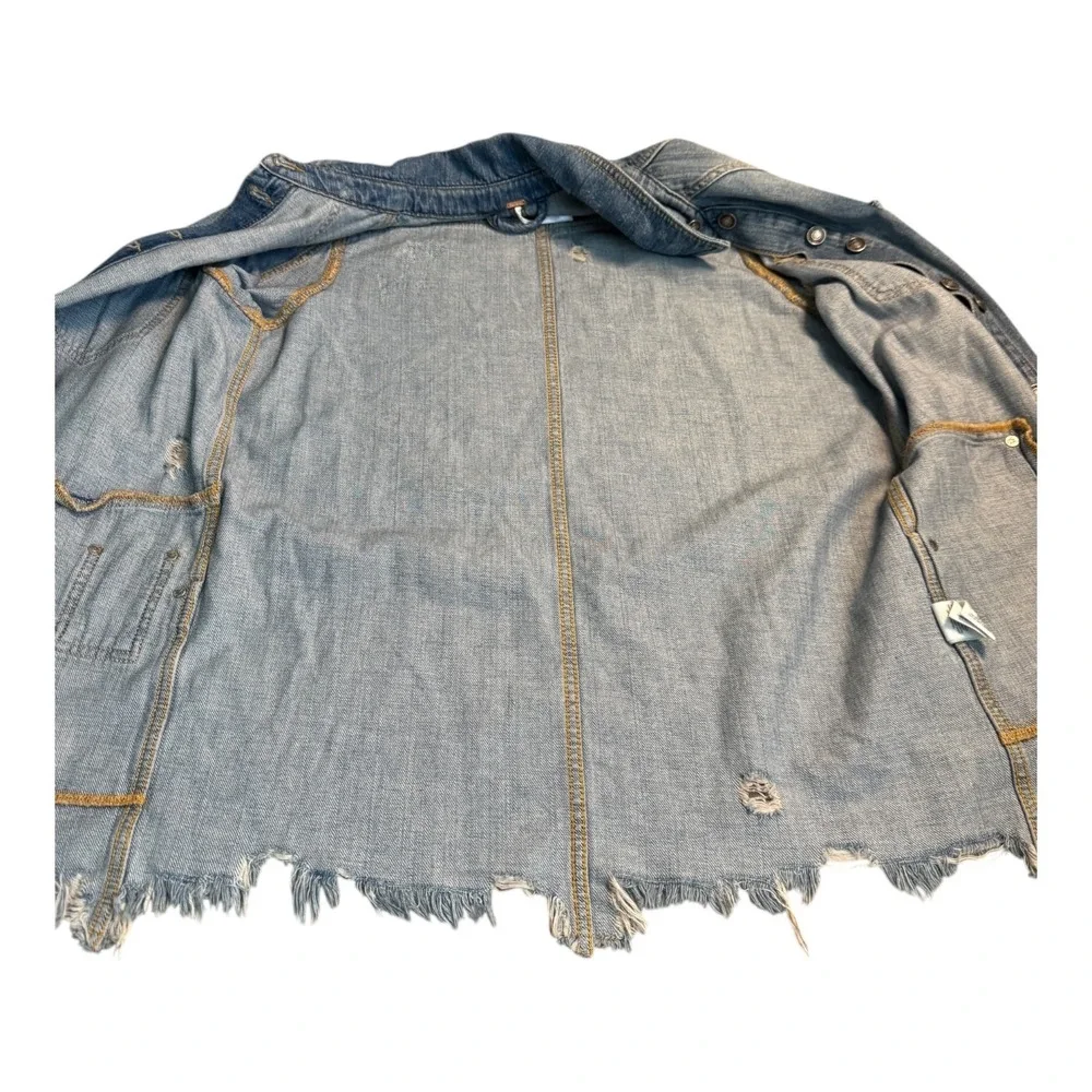 Free People Distressed Denim Jacket Oversized Blue Button Up Long Sleeve Size XS - Picture 6 of 7